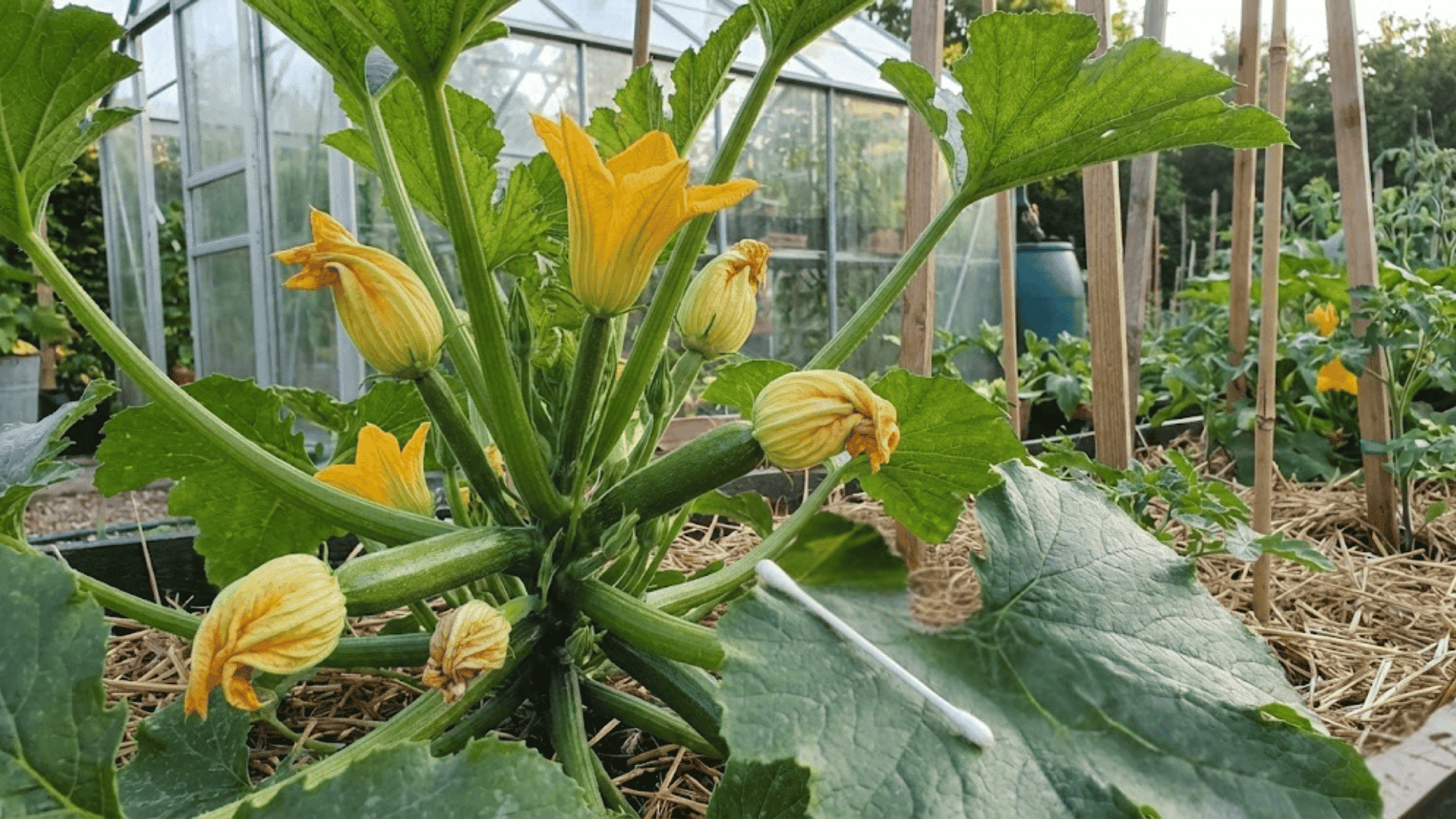 zucchini plant with multiple yellow flowers and small fruits at different growth stages