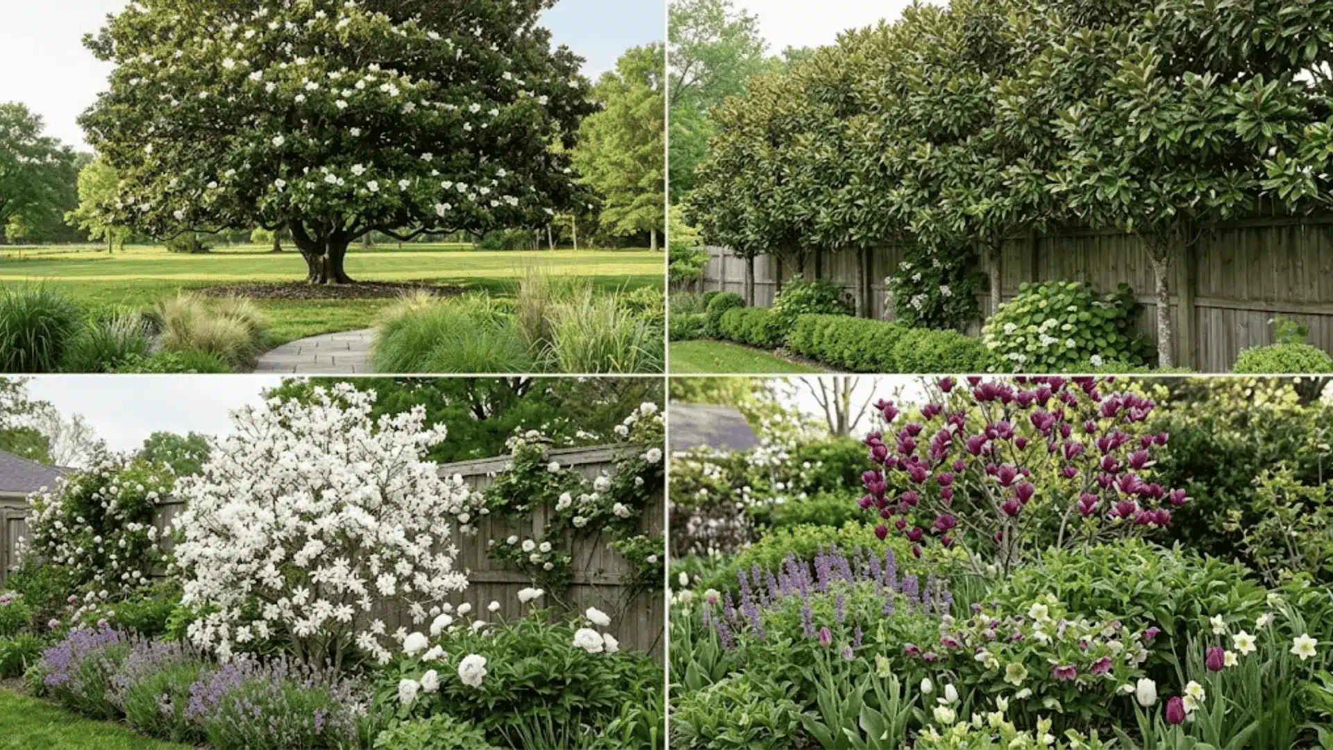 4 panel collage of magnolia landscaping ideas including specimen tree, privacy screen, cottage garden, and mixed border planting