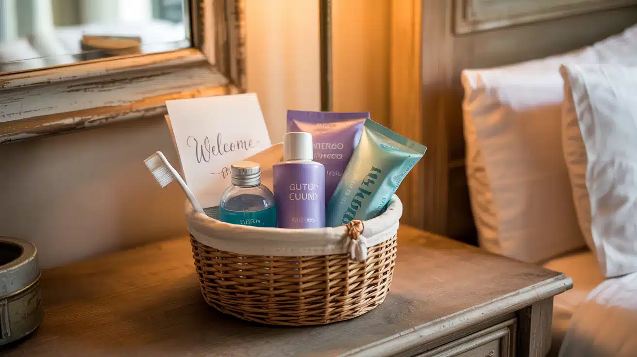 A guest welcome basket on a bedside table, with toiletries, a water bottle, a toothbrush, and a welcome card, next to a neatly made bed.