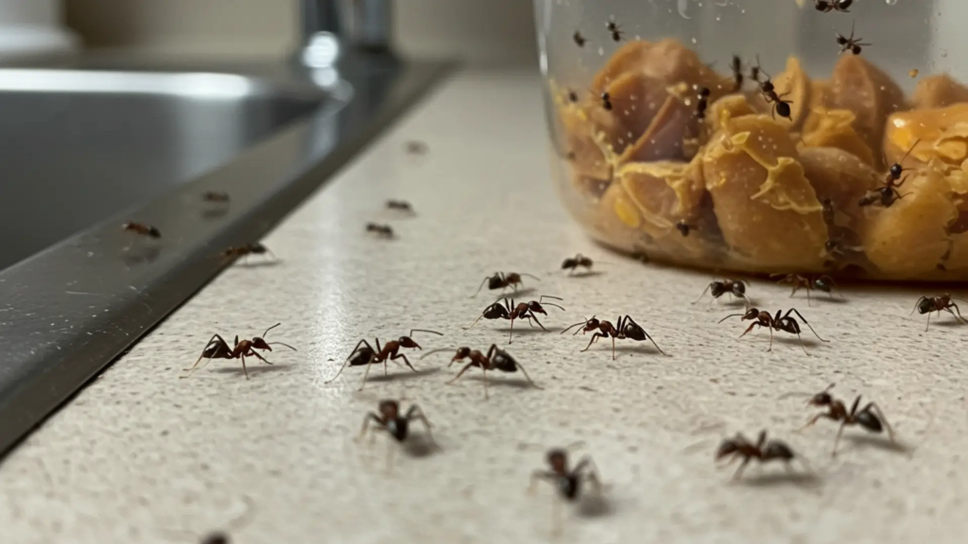 Ants on a kitchen counter near a sink and a sealed food container.