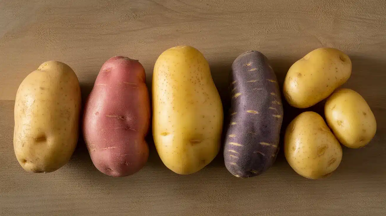 Assortment of different potato varieties with yellow, red, and purple skins arranged in a row on a wooden surface.