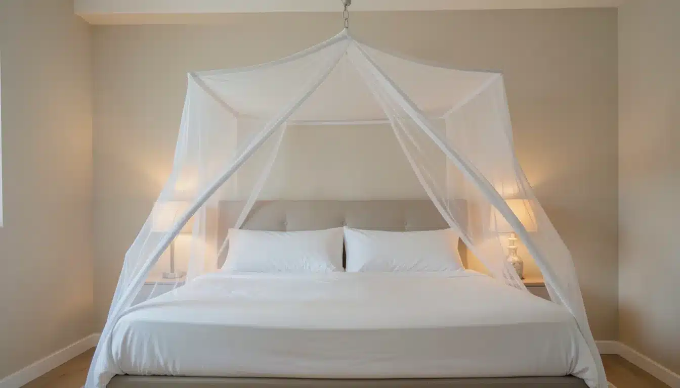 Bed with a white mosquito net canopy hanging from the ceiling, covering the mattress for indoor mosquito protection