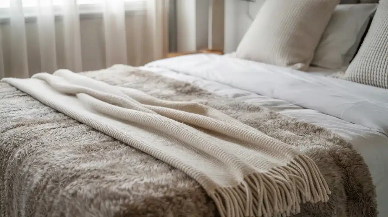 Bed with layered blankets and a soft throw across the foot, creating a warm, cozy bedroom look.