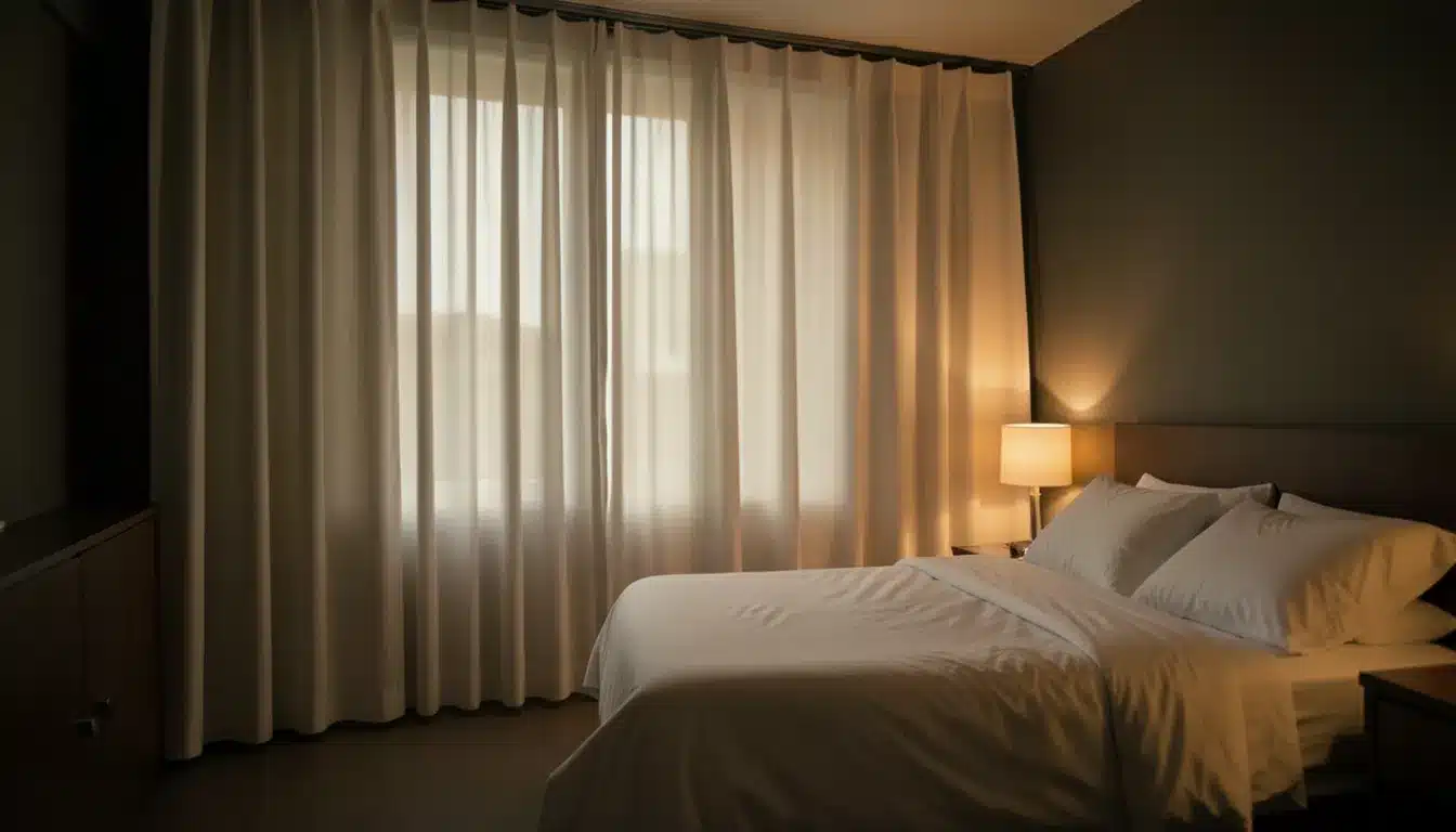 Bedroom with a bed beside a window covered by light-blocking curtains, creating a dim and restful sleeping environment.