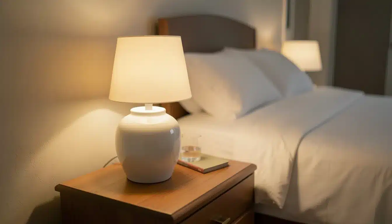 Bedside table with a lit lamp, book, and glass of water beside a neatly made bed in a cozy guest bedroom.