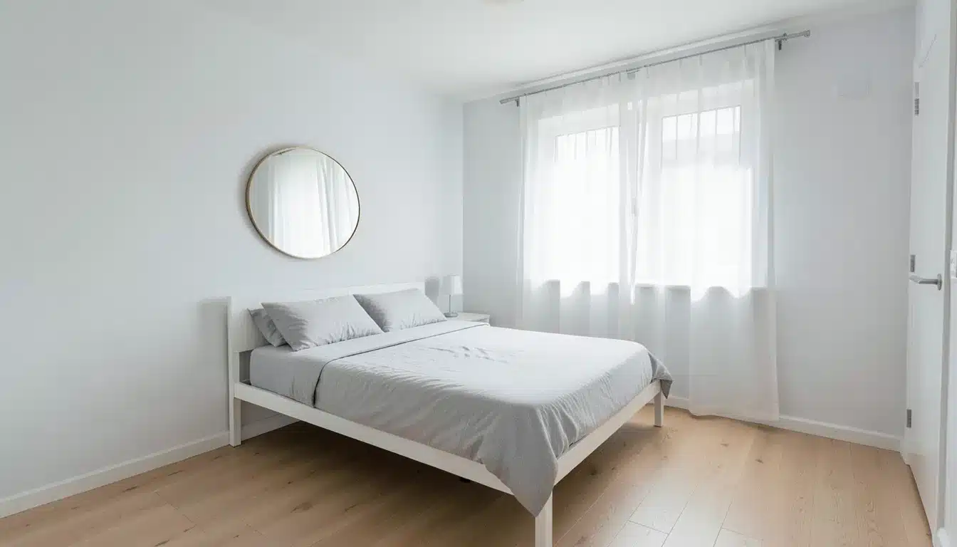 Bright guest bedroom with white bedding, light walls, sheer curtains, and a round mirror creating an open and airy feel