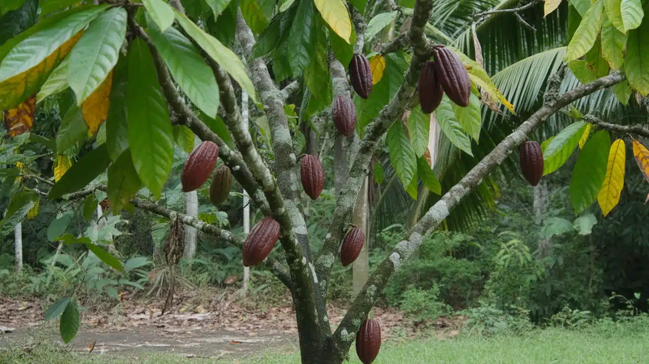 Cacao tree with several dark red cocoa pods growing directly from its trunk and branches among green tropical leaves.