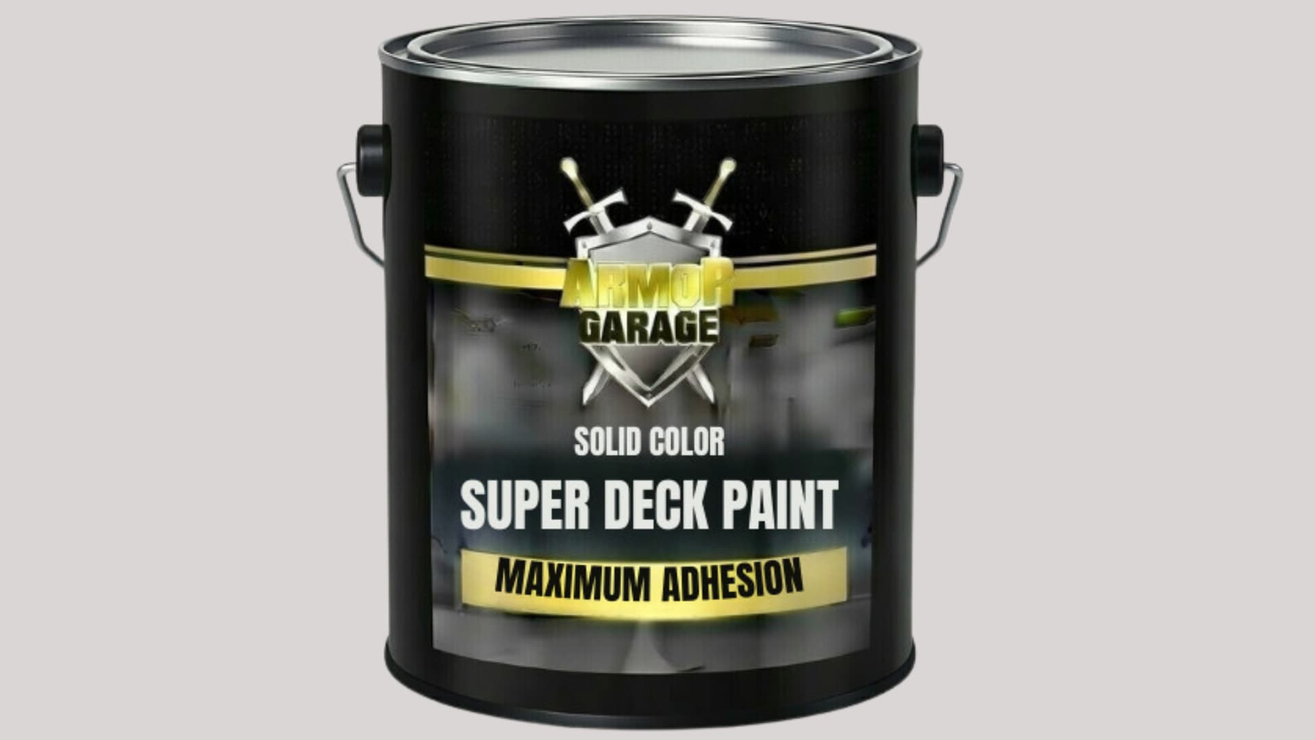 Can of ArmorGarage solid color super deck paint designed for maximum adhesion and long-lasting protection on wood deck surfaces.