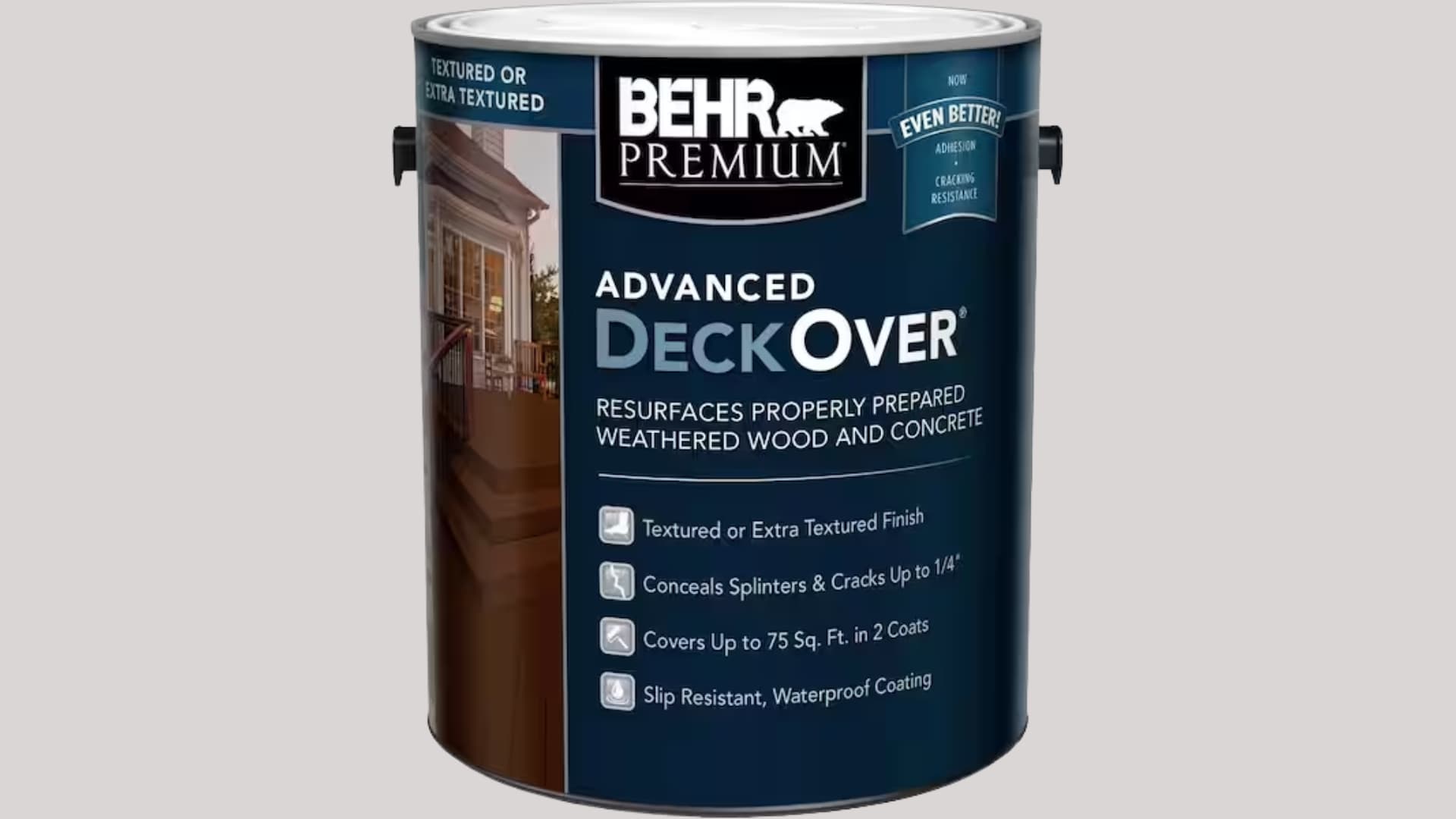 Can of BEHR Premium Advanced DeckOver resurfacer designed to restore weathered wood and concrete with a textured, slip-resistant coating.