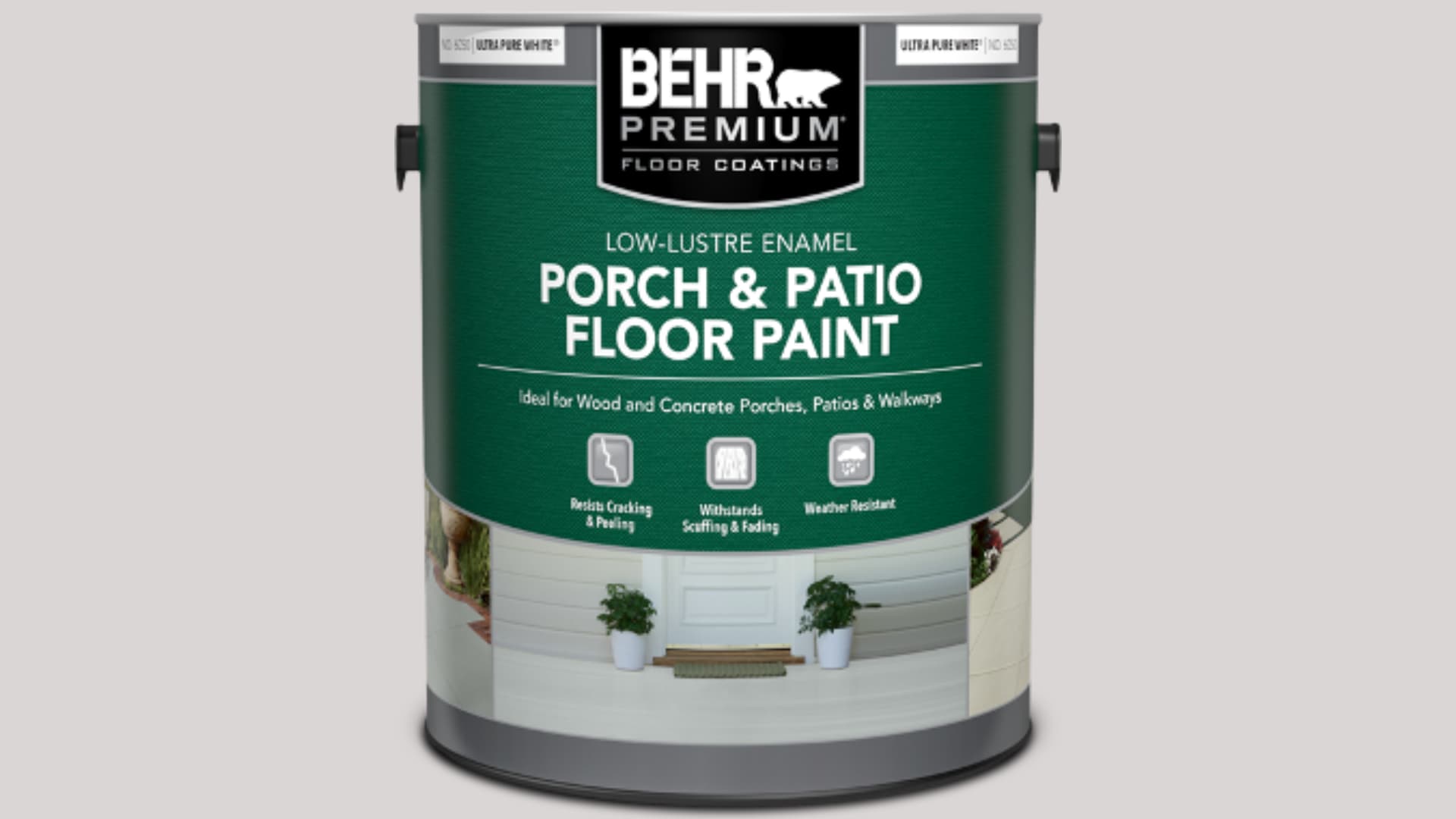 Can of BEHR Premium low-lustre enamel porch and patio floor paint designed for wood and concrete porches, patios, and walkways.