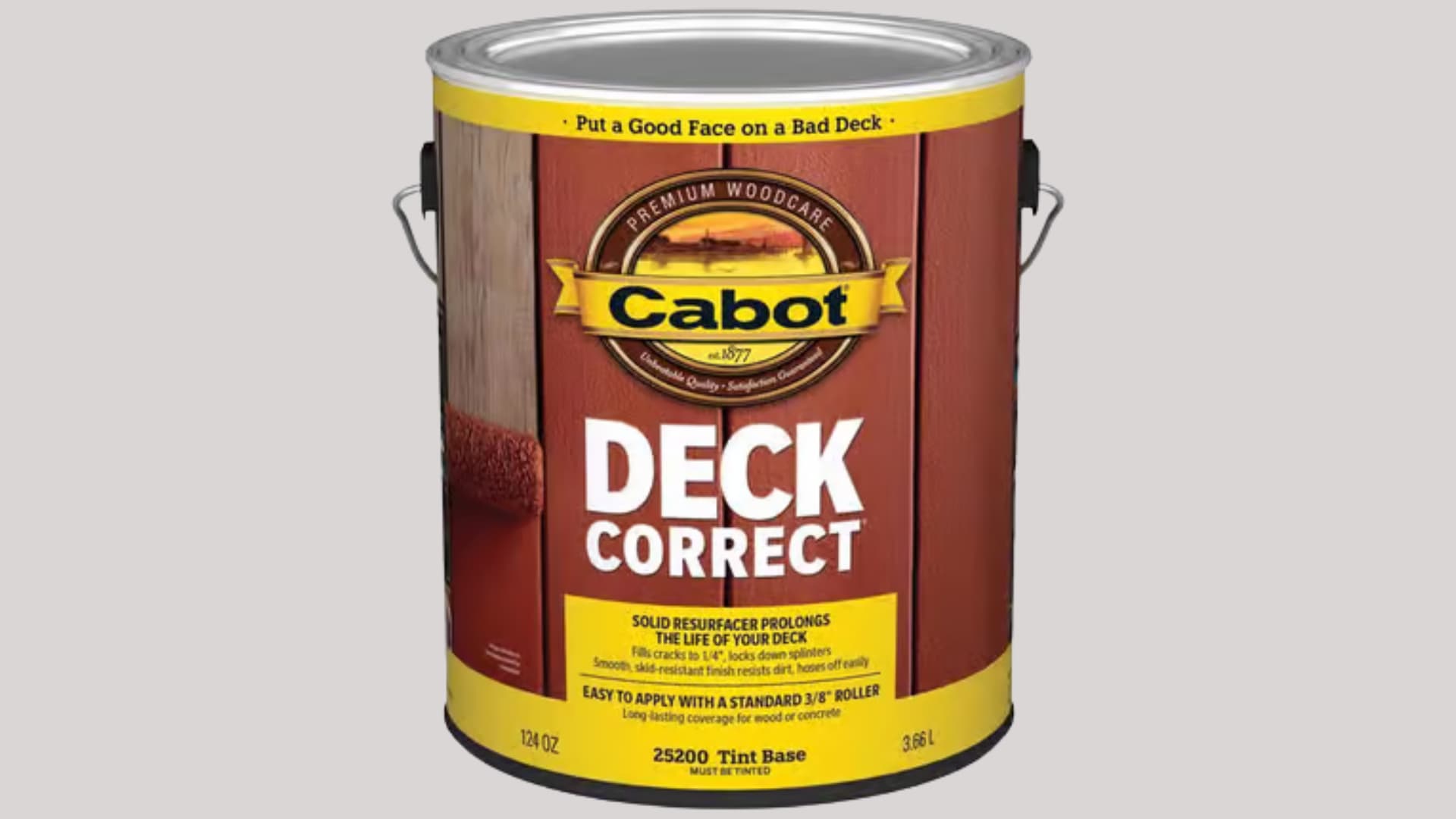 Can of Cabot DeckCorrect water-based deck resurfacer designed to repair cracks, seal splinters, and extend the life of wood or concrete decks.