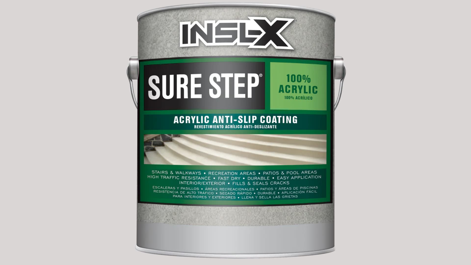 Can of INSL-X Sure Step 100% acrylic anti-slip coating designed for stairs, walkways, patios, and high-traffic surfaces.