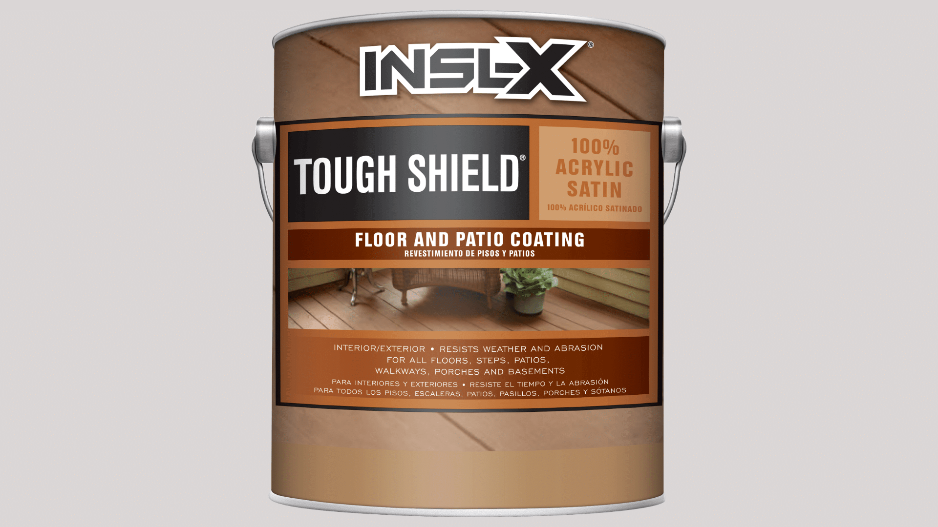 Can of INSL-X Tough Shield 100% acrylic satin floor and patio coating designed for durable protection on interior and exterior floors, steps, and patios.