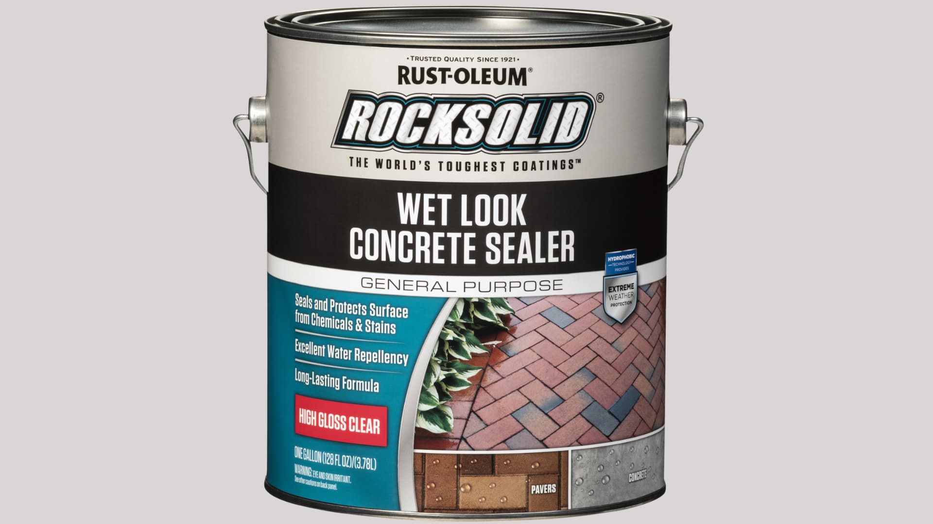 Can of Rust-Oleum RockSolid Wet Look Concrete Sealer designed to protect and enhance concrete and paver surfaces with a high-gloss finish.