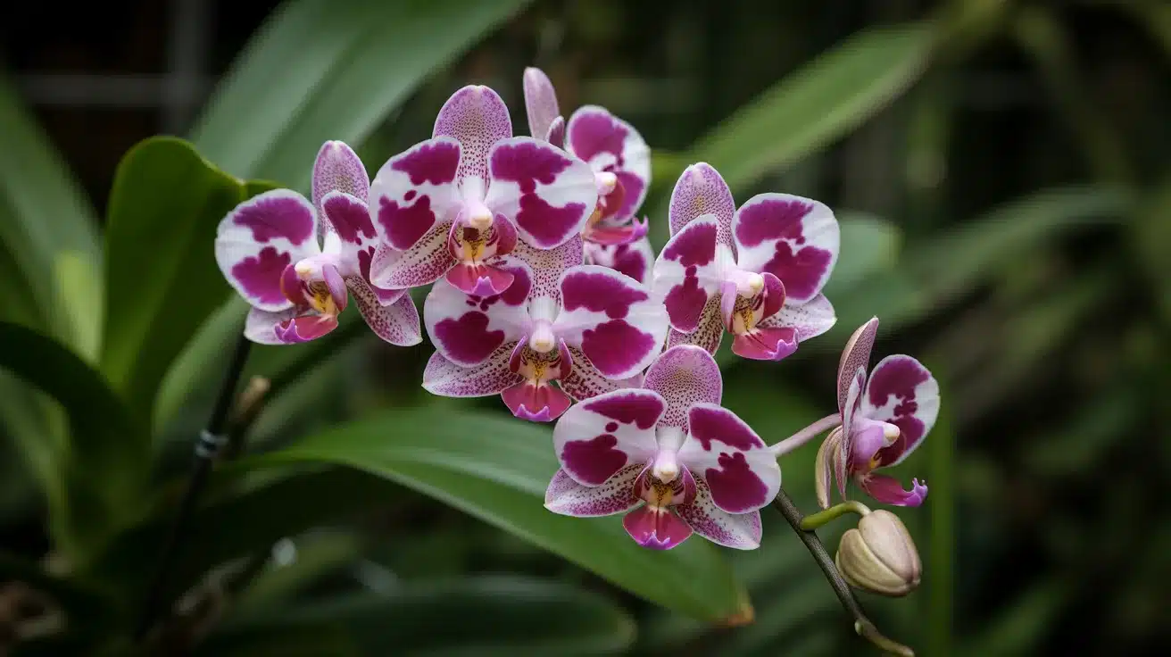 Cluster of pink and white orchid flowers with deep magenta markings blooming on a green stem against lush green leaves.