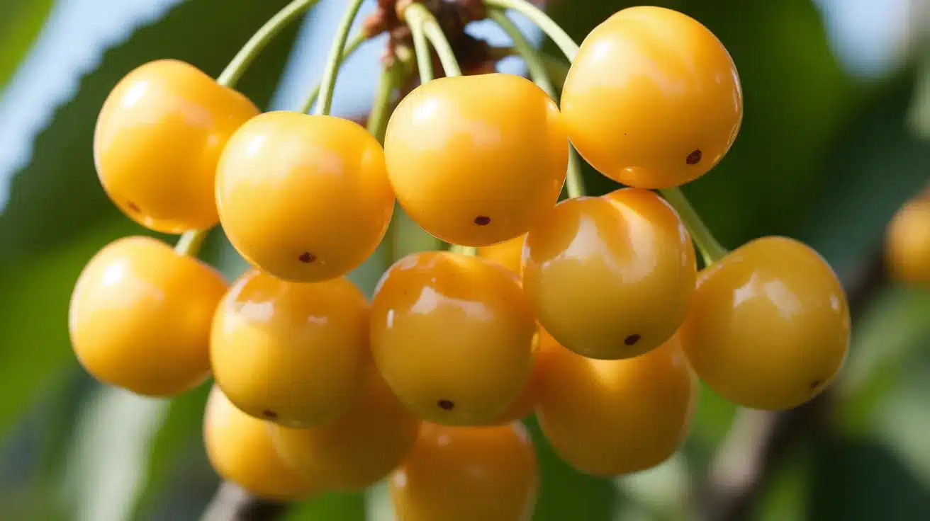 Cluster of ripe yellow cherries hanging from stems on a tree branch with green leaves in the background.