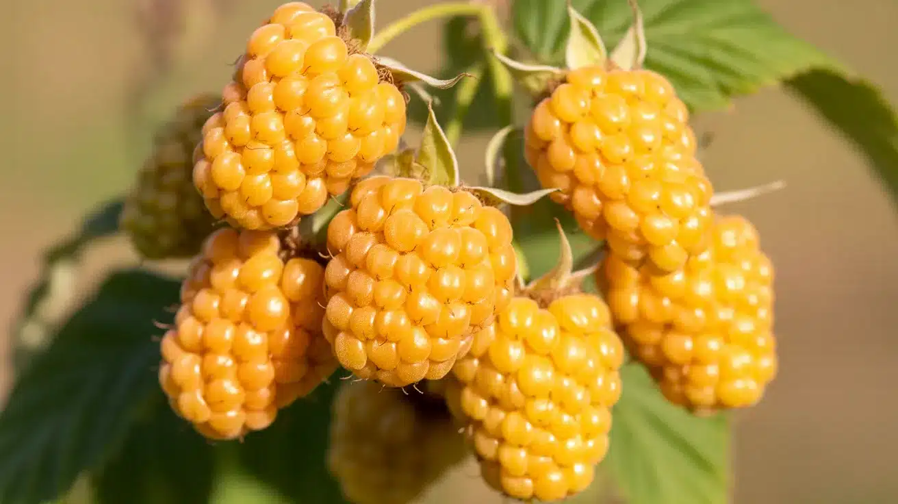 Cluster of ripe yellow raspberries growing on a plant with green leaves in the background.