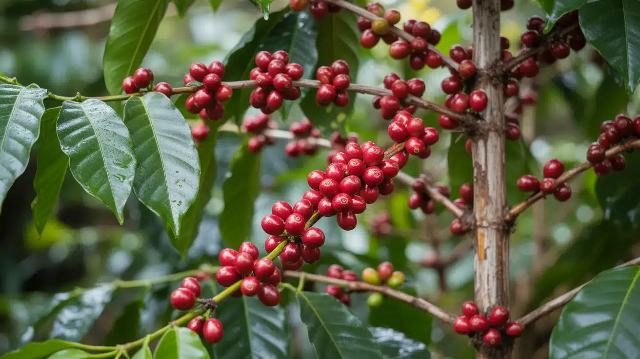 Coffee plant branch covered with clusters of ripe red coffee cherries growing among glossy green leaves.