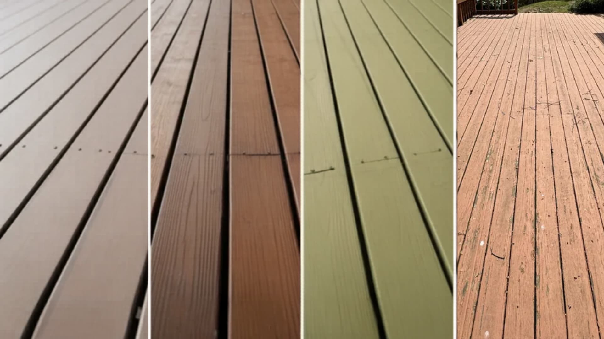 Comparison of different deck paint finishes showing acrylic, oil-based, Latex, and Solid Color Deck paint boards side by side.