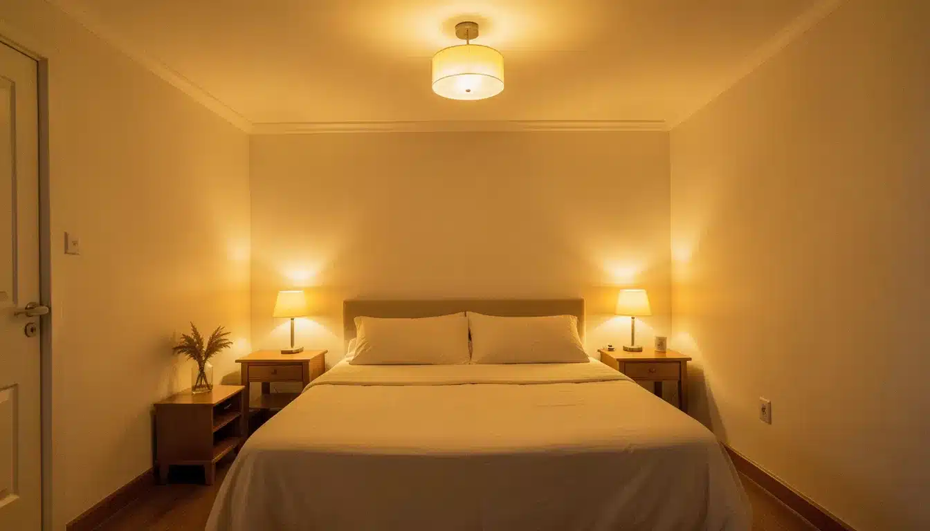 Cozy guest bedroom with warm lighting, a neatly made bed, bedside tables, and soft lamps creating a relaxing atmosphere