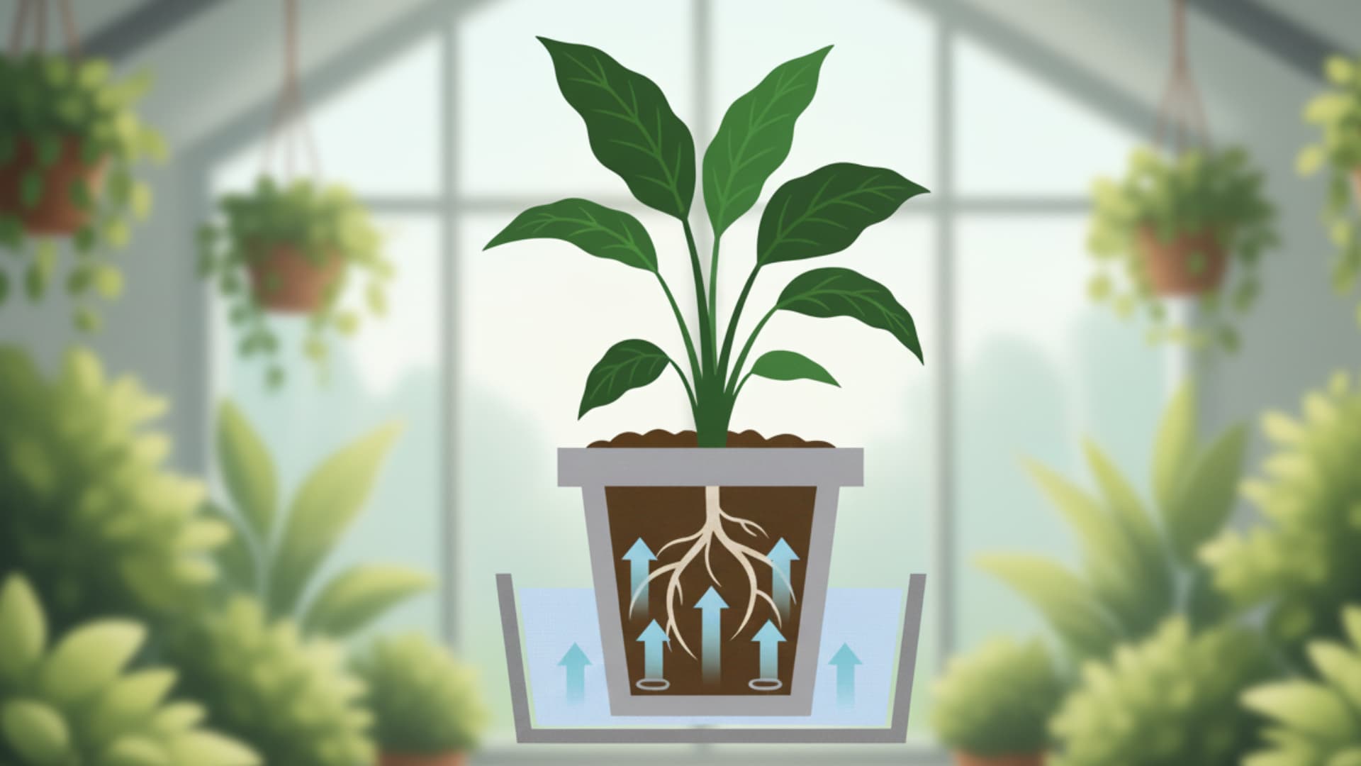 Diagram showing a potted plant absorbing water from below, illustrating the bottom watering method where roots draw moisture upward from a tray of water.