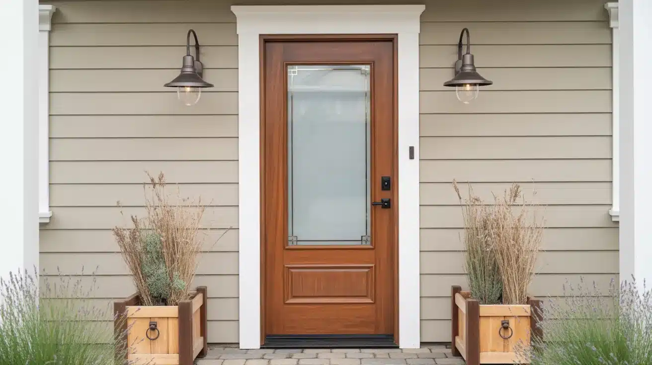 Fiberglass slab front door with a wood-look finish and a large decorative glass panel, installed in a beige exterior wall with two wall-mounted lights and planters on each side.