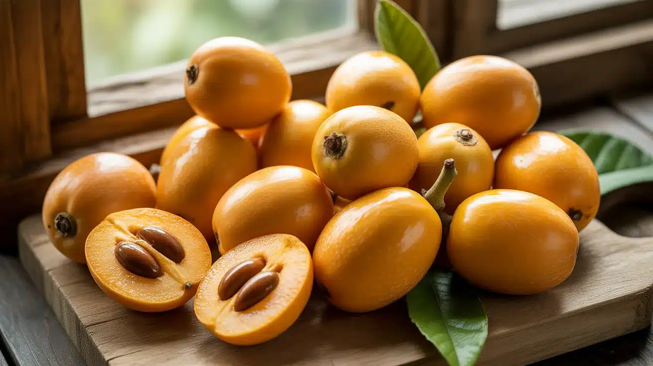 Fresh loquat fruits with smooth orange-yellow skin, including one sliced open showing brown seeds, arranged on a wooden surface near a window.