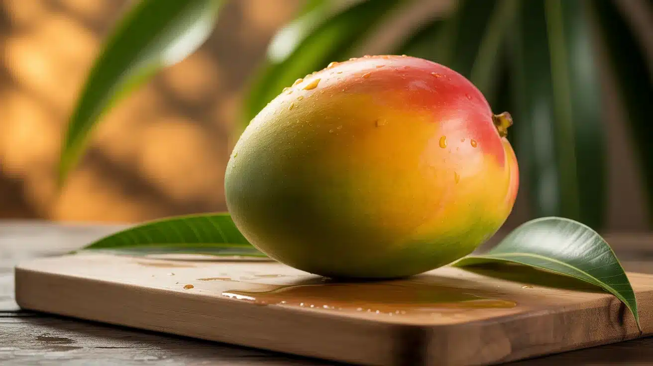 Fresh ripe mango with water droplets placed on a wooden board with green leaves in the background.