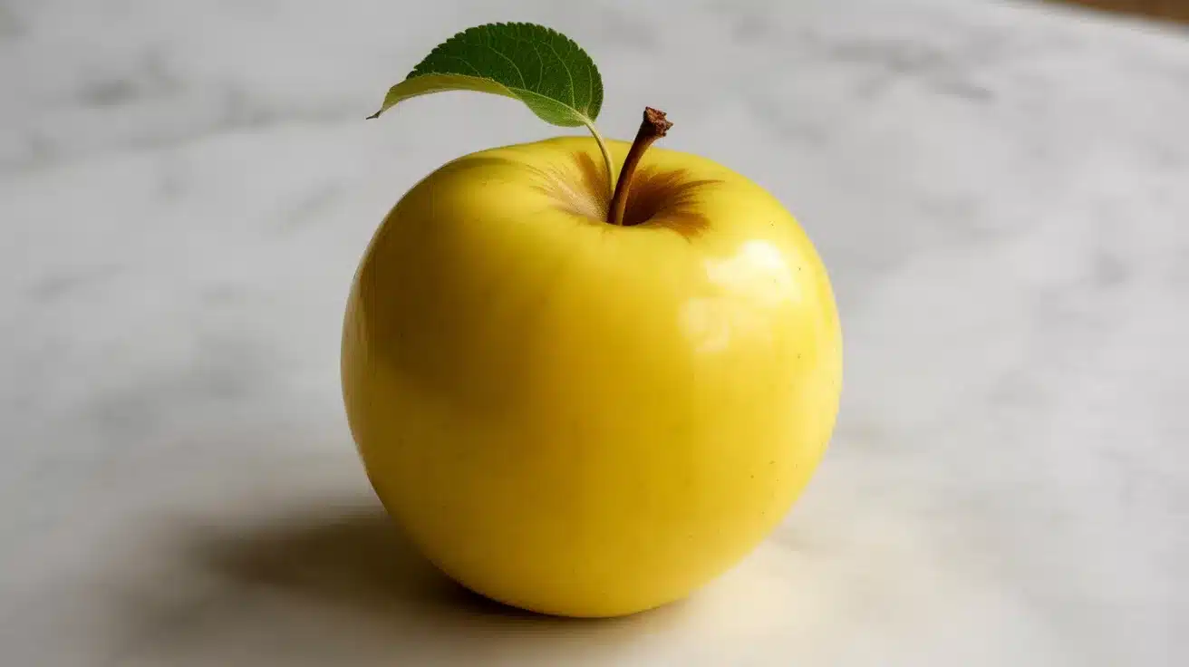 Fresh yellow apple with a green leaf attached to the stem, placed on a light marble surface.