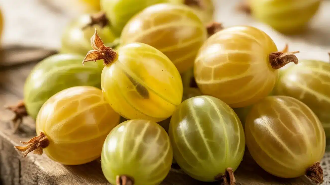 Fresh yellow gooseberries with light green stripes and small stems arranged on a wooden surface.