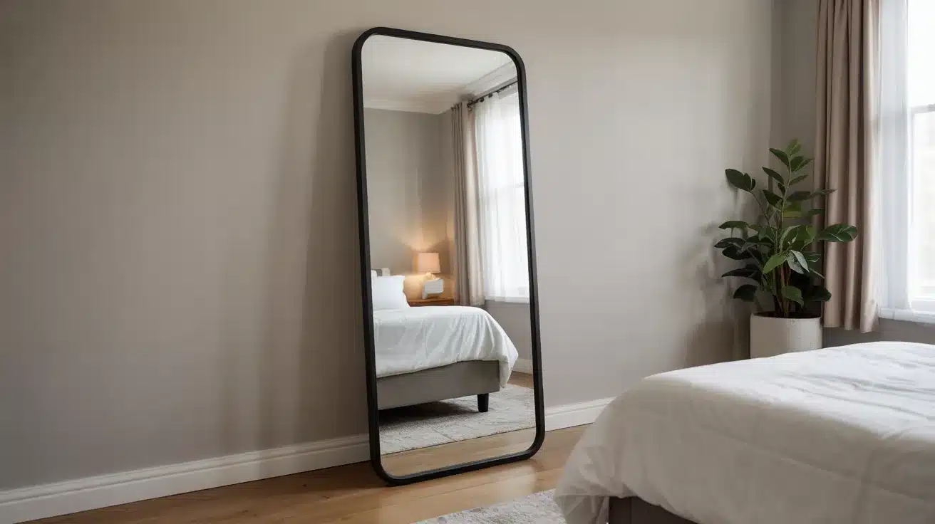 Full-length floor mirror leaning against a bedroom wall reflecting a neatly made bed, window curtains, and bedside lamp in a bright guest room.