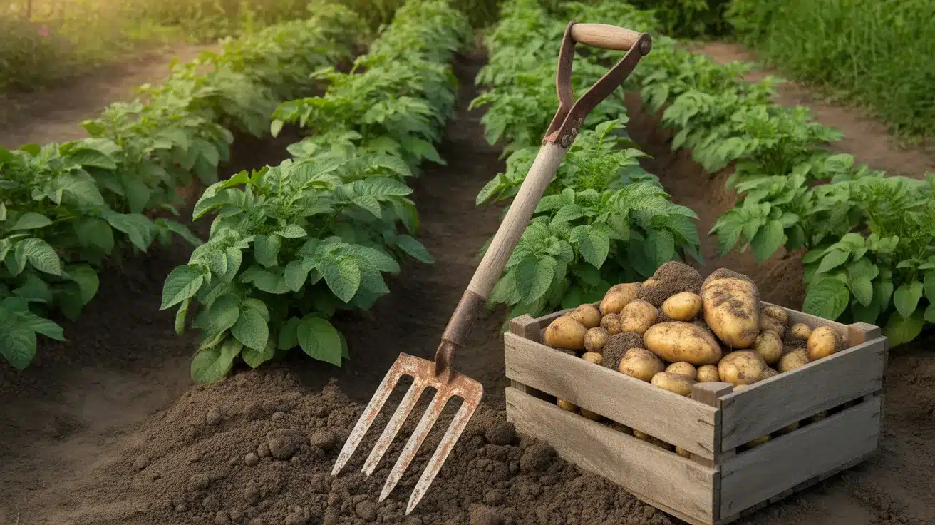 Garden rows of potato plants with a digging fork and a wooden crate filled with freshly harvested potatoes in the soil.
