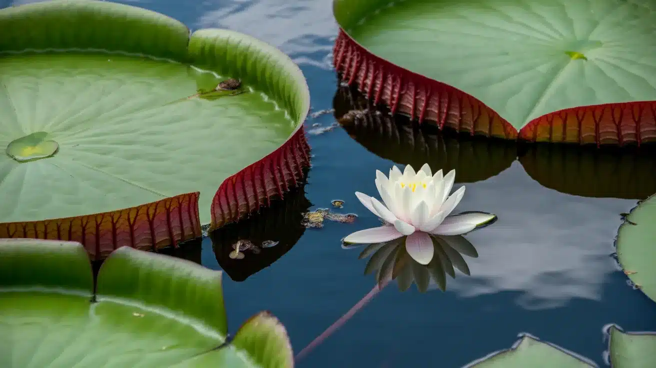 Giant Victoria amazonica water lily pads with raised red edges floating on water beside a white blooming lily flower.