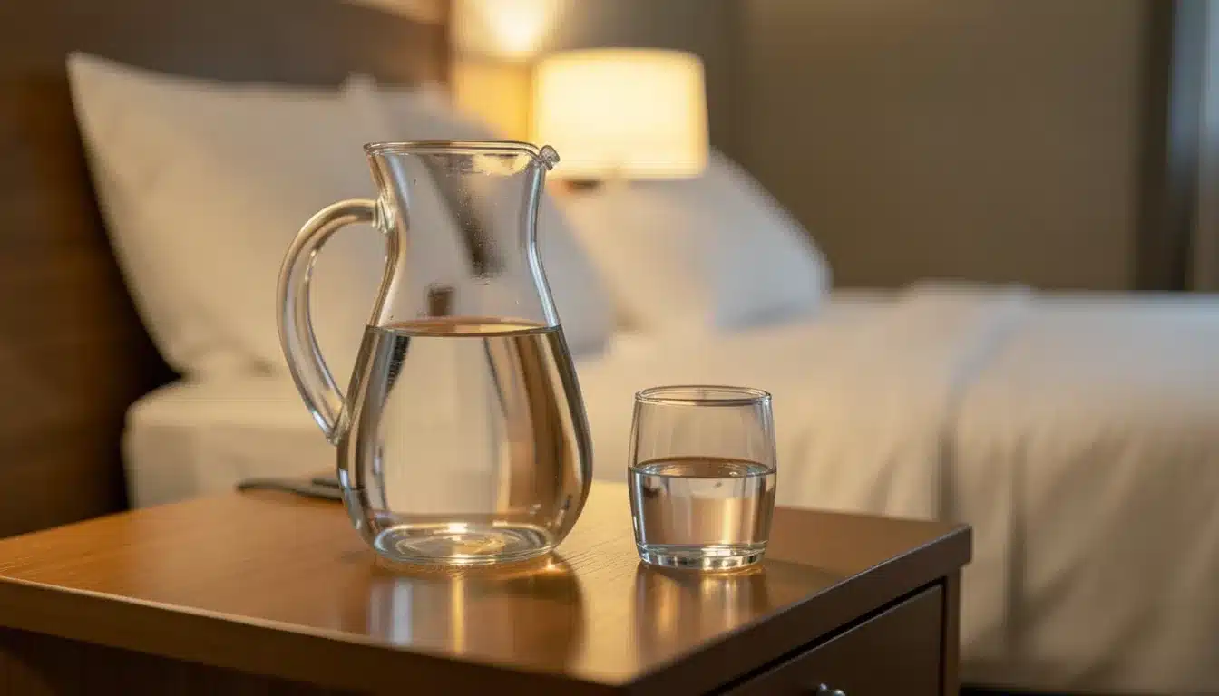 Glass water carafe and drinking glass on a guest room nightstand beside a softly lit bed.