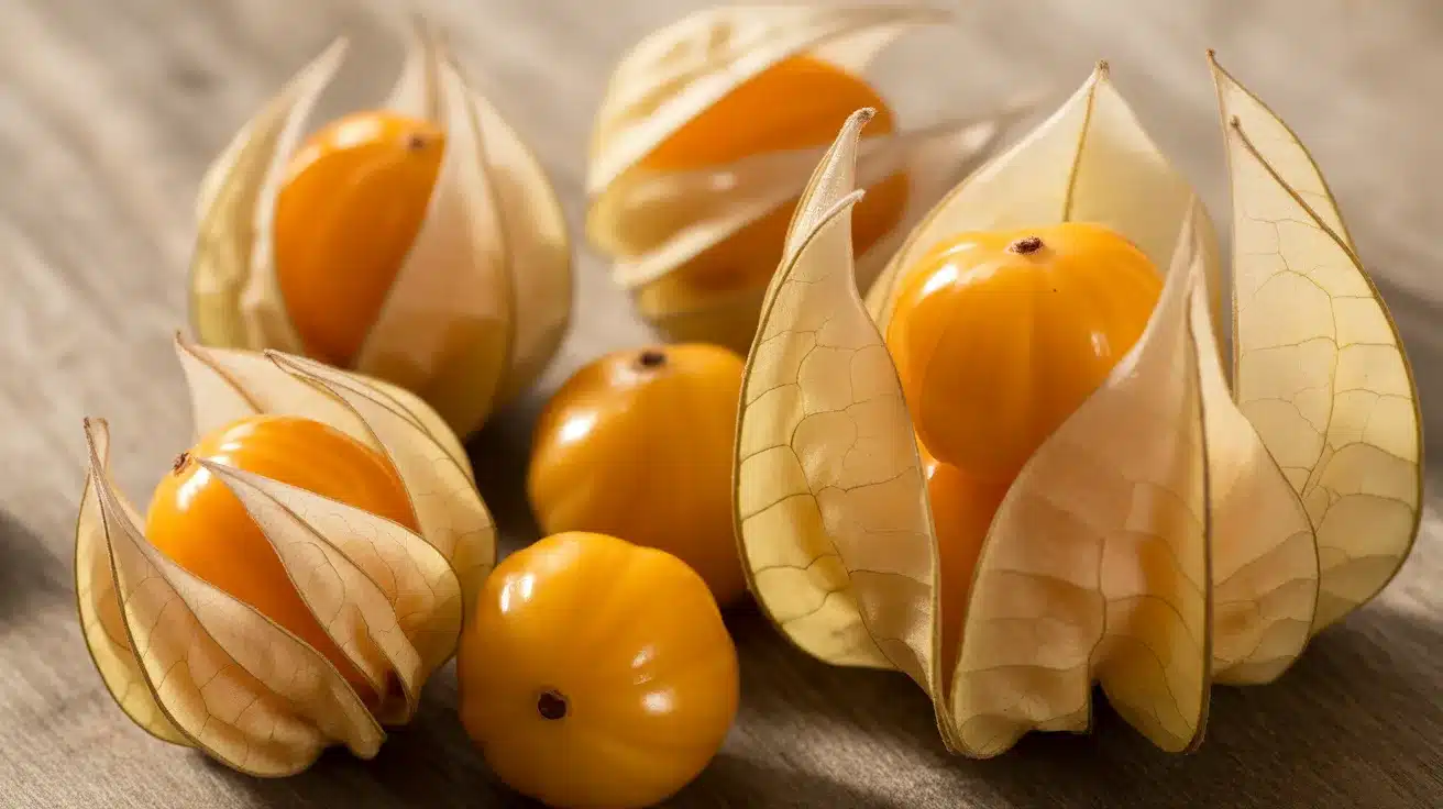 Golden berries with papery husks partially open, revealing small, round, orange fruits on a wooden surface.