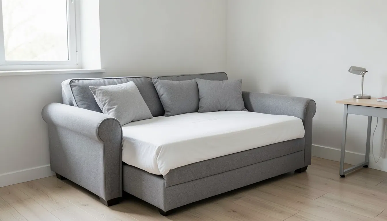 Gray daybed sofa with pillows and white bedding placed beside a window and a small desk in a bright minimalist room.