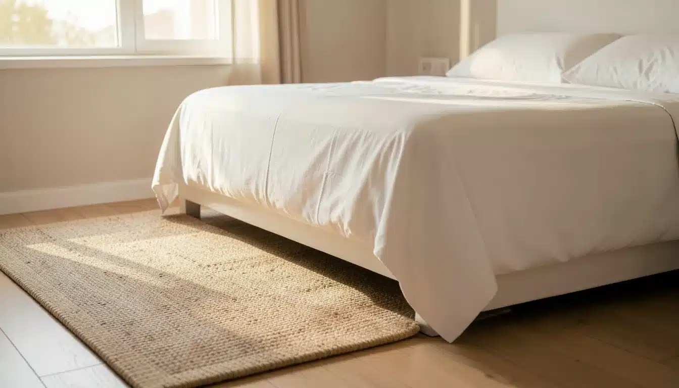 Guest bedroom with a neatly made bed and a soft woven rug placed beside it on a wooden floor near a sunlit window.