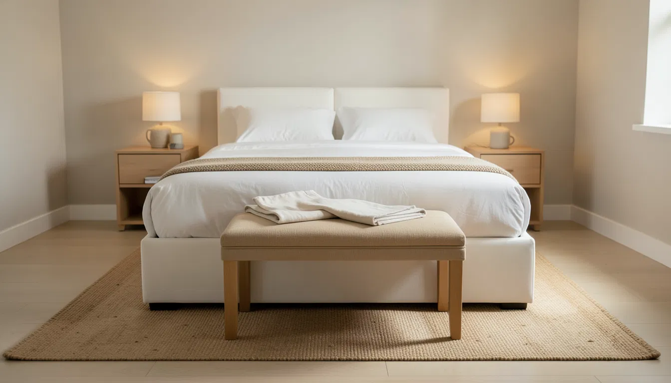 Guest bedroom with a neatly made bed, matching nightstands with lamps, and a small bench placed at the foot of the bed.
