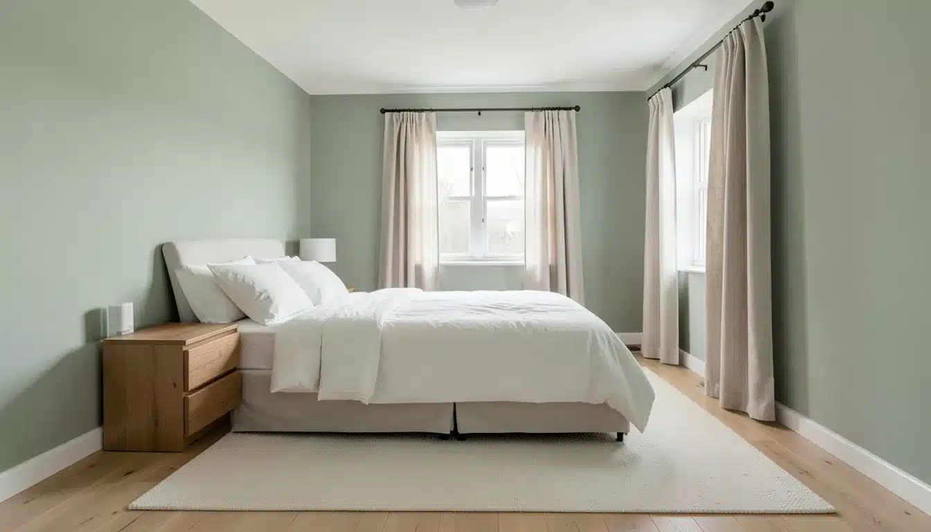 Guest bedroom with soft, neutral colors, white bedding, light curtains, and a wooden nightstand, creating a calm, welcoming space.