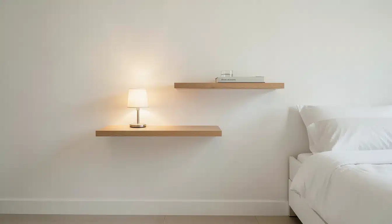 Guest bedroom with wall-mounted wooden shelves and a small bedside lamp beside a neatly made bed.