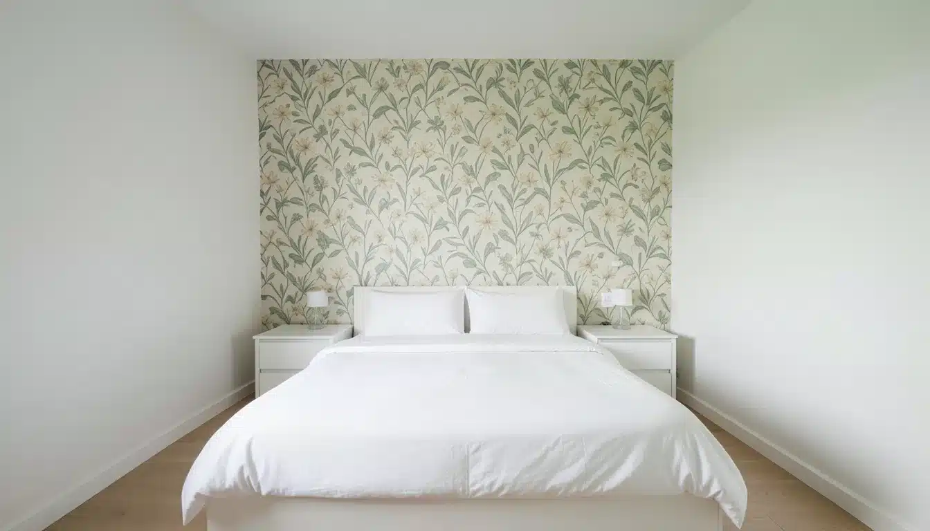 Guest bedroom with white bedding and a floral accent wall behind the bed, creating a simple and elegant focal point.