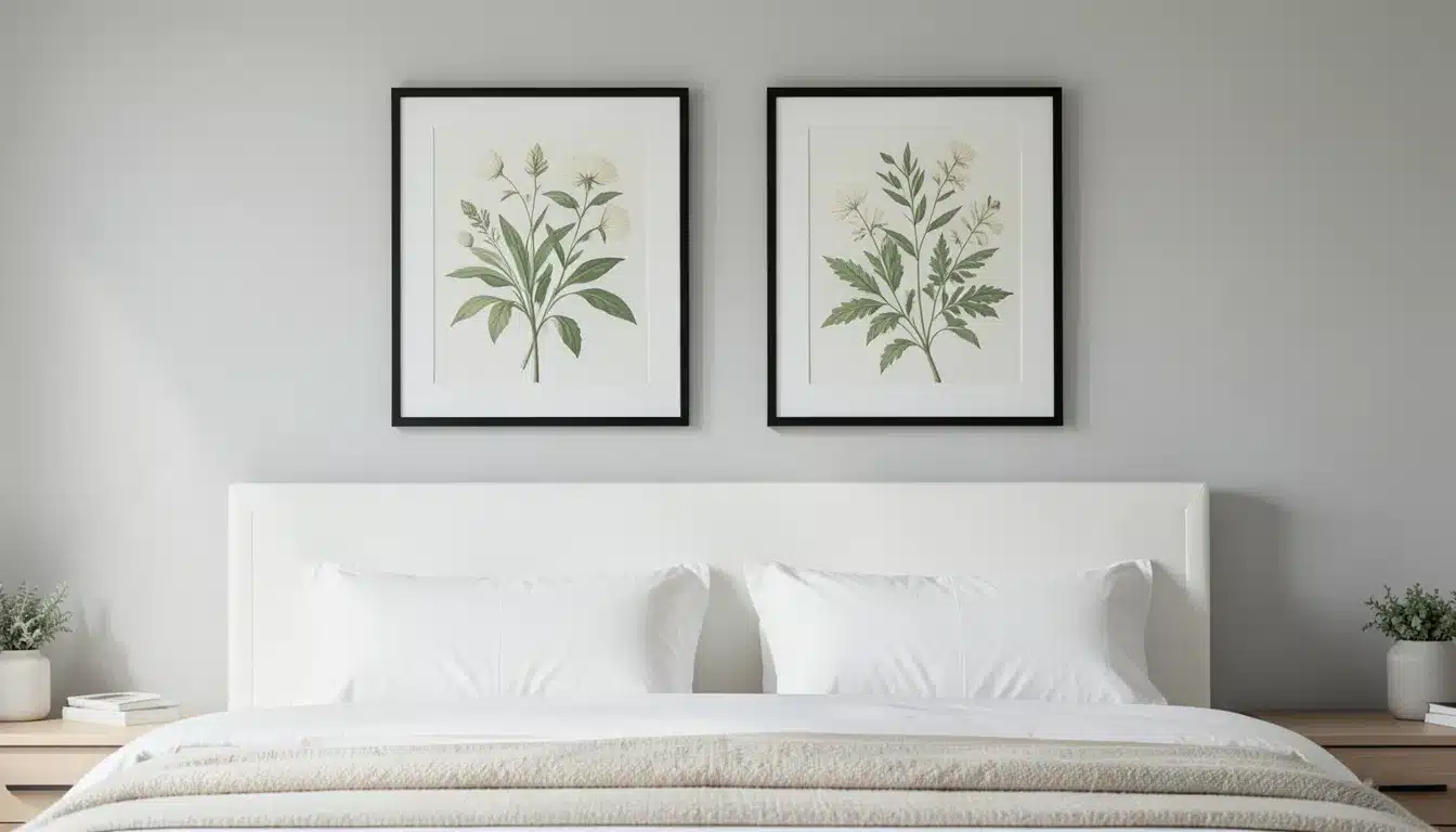 Guest bedroom with white bedding and two framed botanical prints hanging above the bed for simple wall decor.
