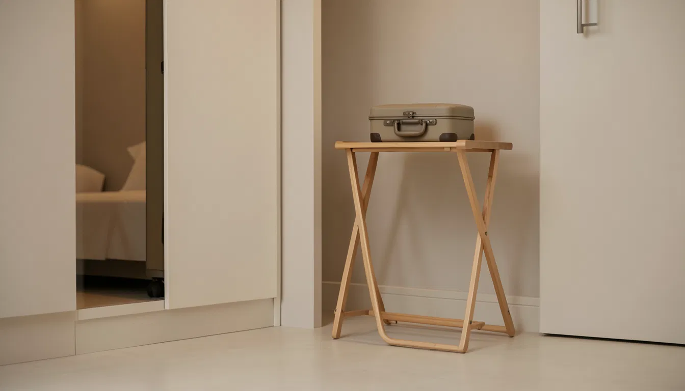 Guest room corner with a wooden luggage rack holding a small suitcase beside a closet with sliding doors