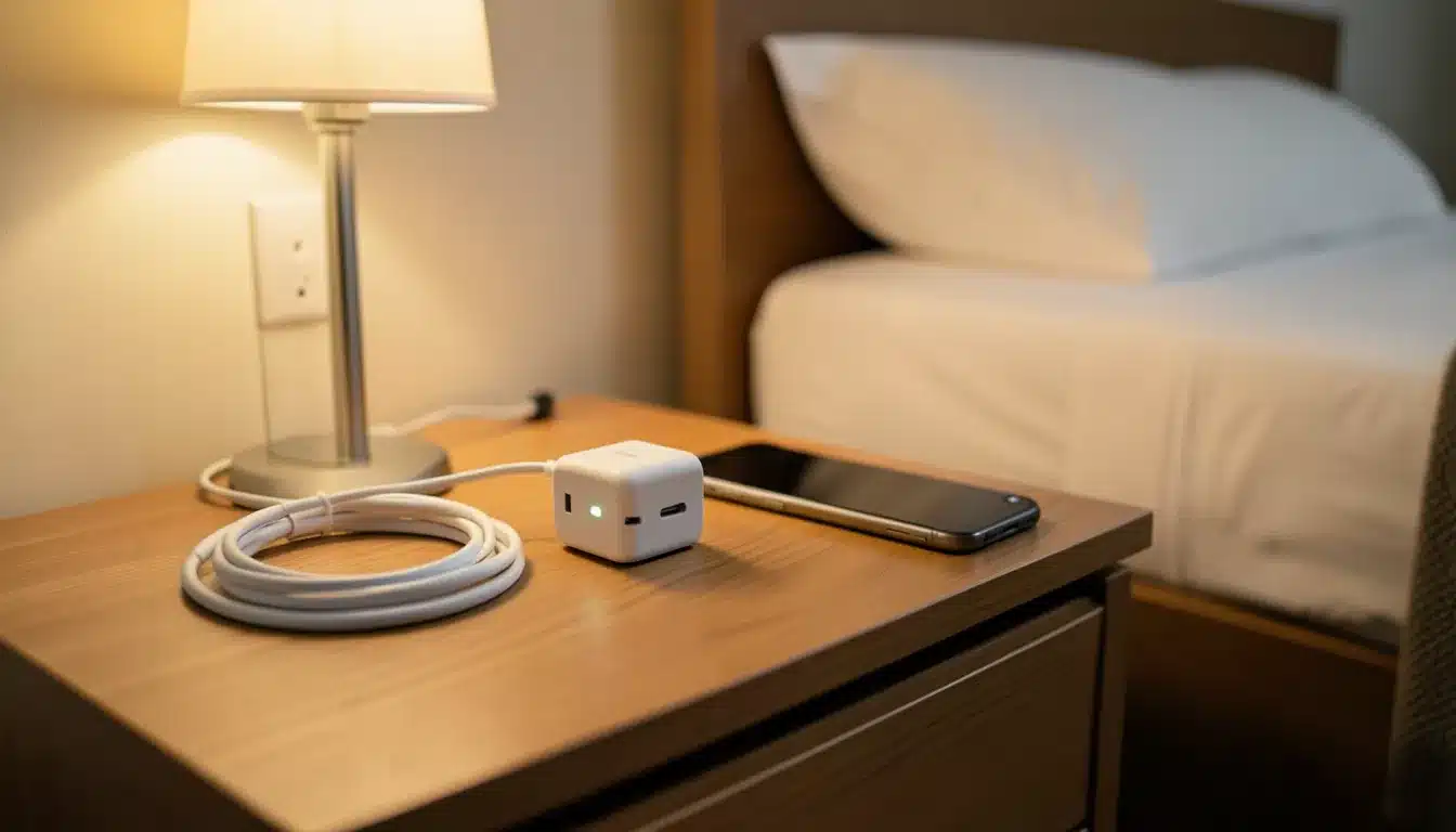 Guest room nightstand with a multi-port charger, charging cable, smartphone, and bedside lamp next to a neatly made bed.
