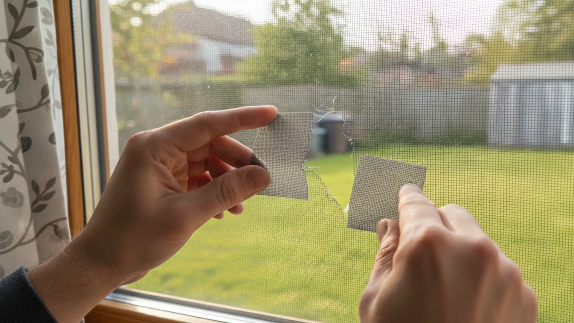 Hands applying a small patch to repair a torn window screen, helping prevent mosquitoes from entering the home.