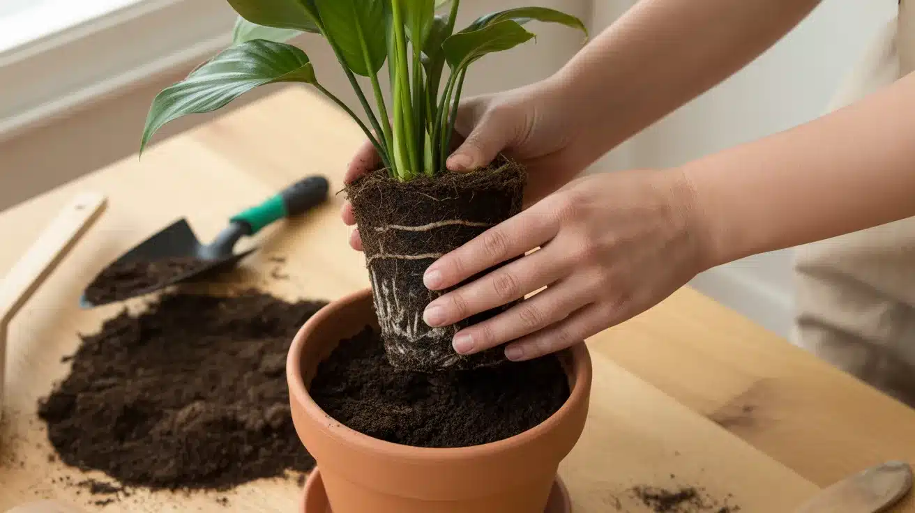 Hands repotting a peace lily plant by placing the root ball into a terracotta pot filled with fresh soil on a wooden table.