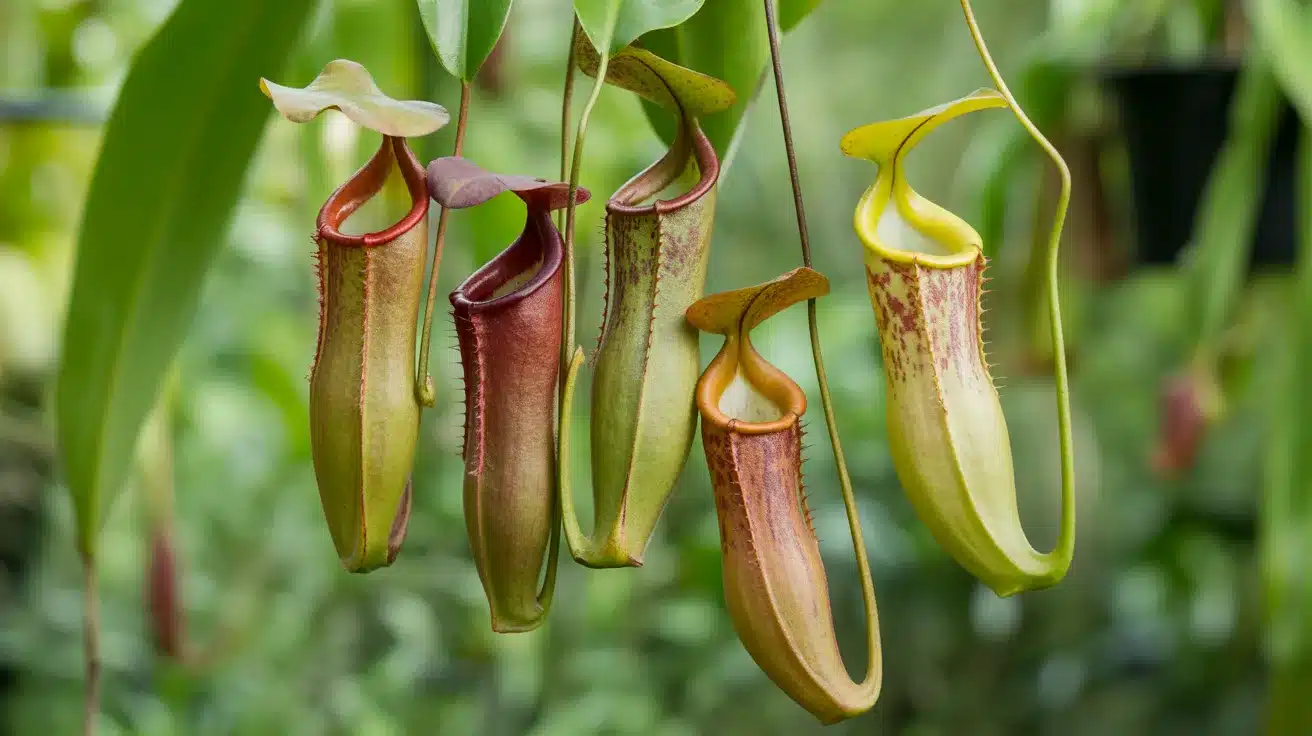 Hanging pitcher plants with tubular green and reddish traps suspended from vines among lush tropical foliage.