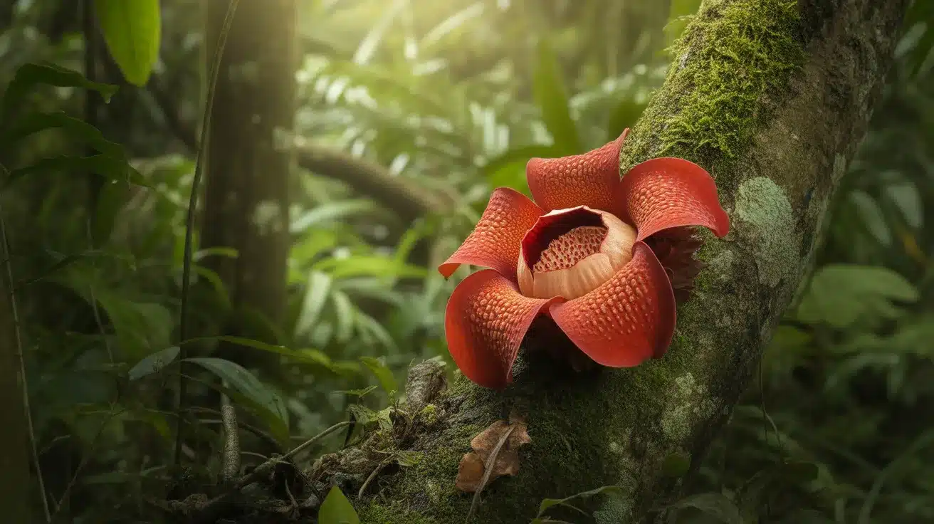 Large red rafflesia flower with thick textured petals blooming on a moss-covered tree trunk in a dense tropical rainforest.