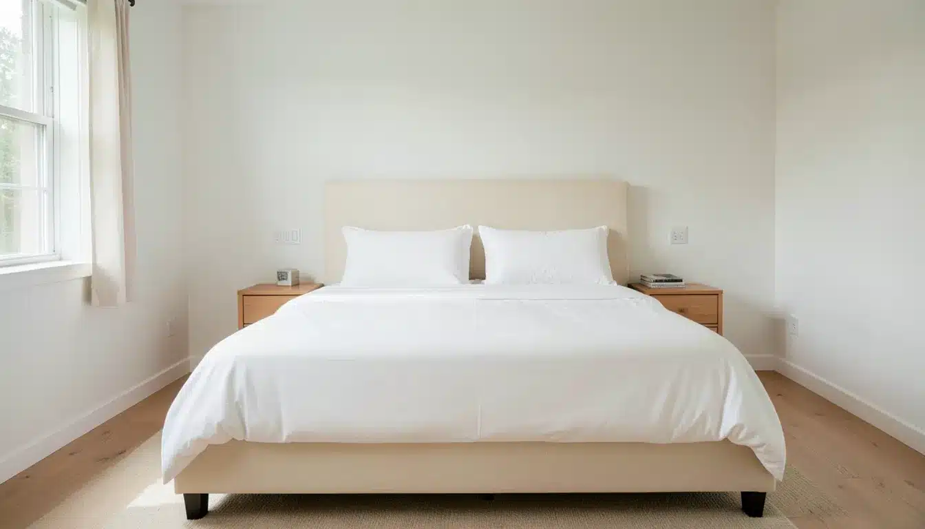 Minimalist bedroom with a large bed, white bedding, wooden nightstands, and natural light from a window, creating a calm, spacious look.