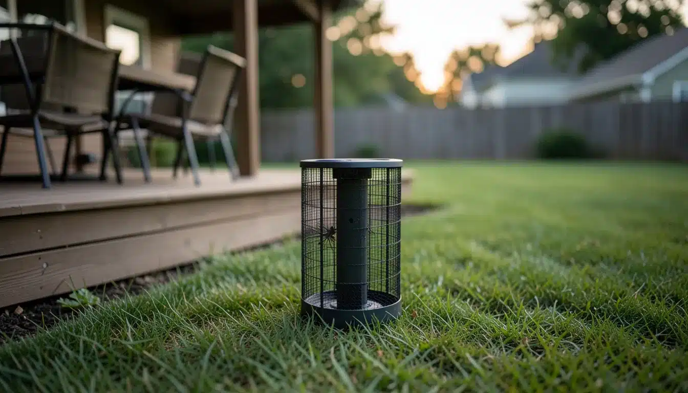 Mosquito trap placed on a backyard lawn near a patio seating area to help reduce mosquito activity outdoors.
